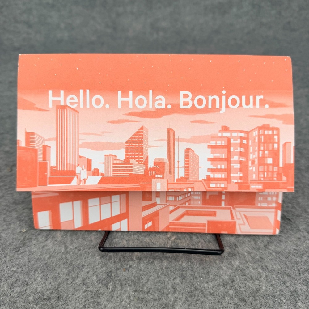 Blank Greeting Card City Skyline Illustration Hello Hola Bonjour Orange New